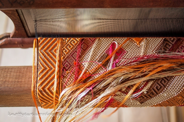 Laos silk weaving. Each pick requires hand manipulation of different colors in each section.