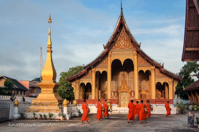 Monks back to temple after receiving alms in the early morning.